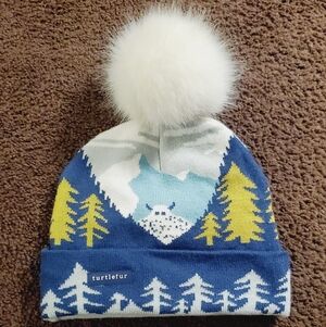 TURTLEFUR  Knit Hat YETI Mountains Faux Fur Pom Pom